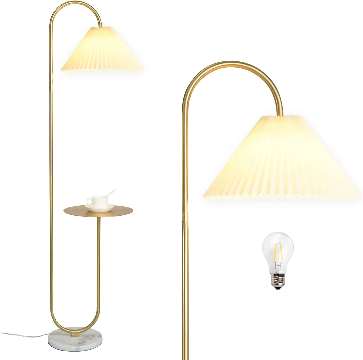 Modern Elegant with Tray Floor Lamp for Office Cafe Den Living Room Bedroom, Foot Switch and Brass/Gold Finish,Light Yellow Pleated Cloth Lampshade