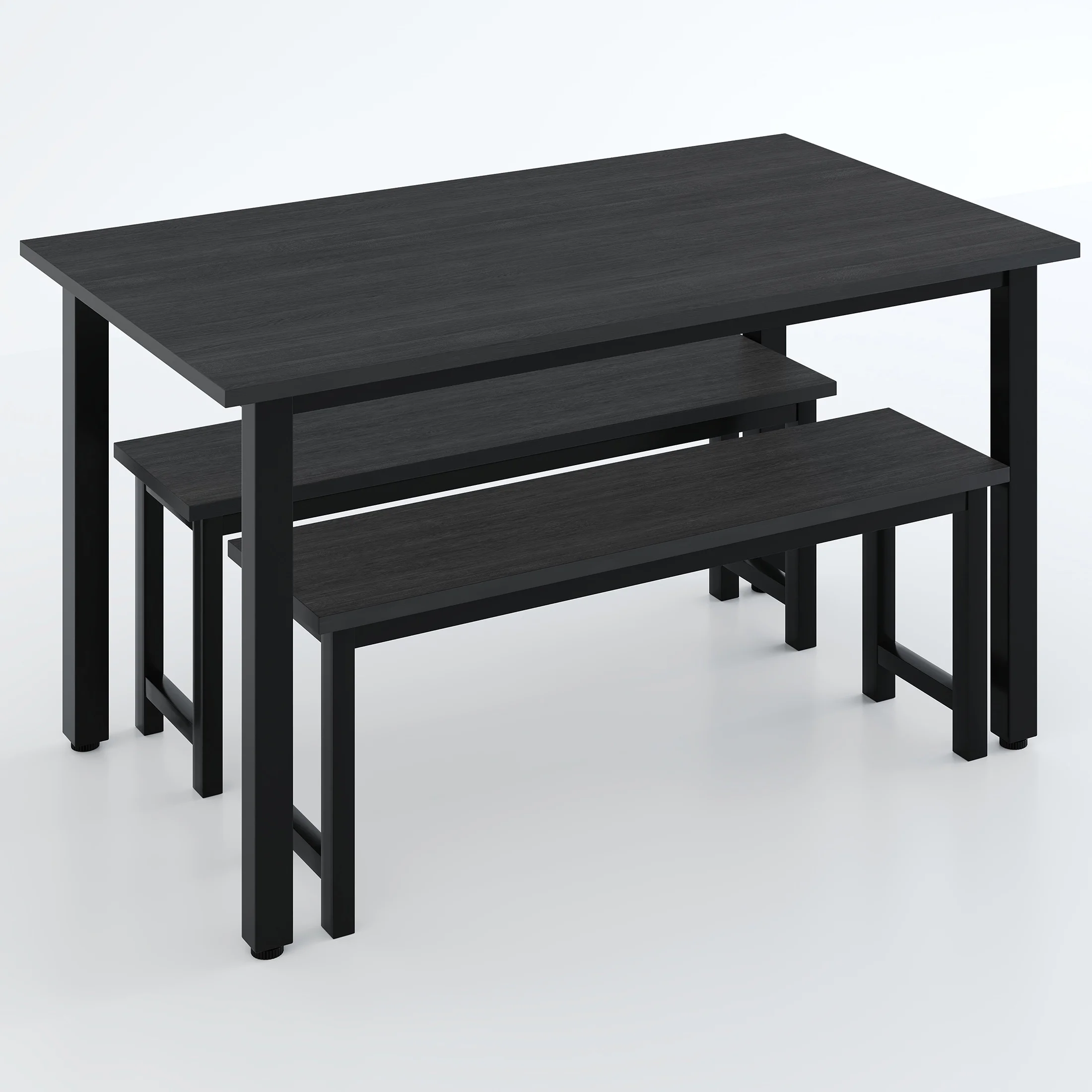 UHOMEPRO Dining Room Table Set, 3-Piece Dining Table Set with 2 Benches, Kitchen Table Set for 4 with Metal Frame, Modern Dining Room Set Furniture Set for Bar Dining Room Breakfast Nook, Black