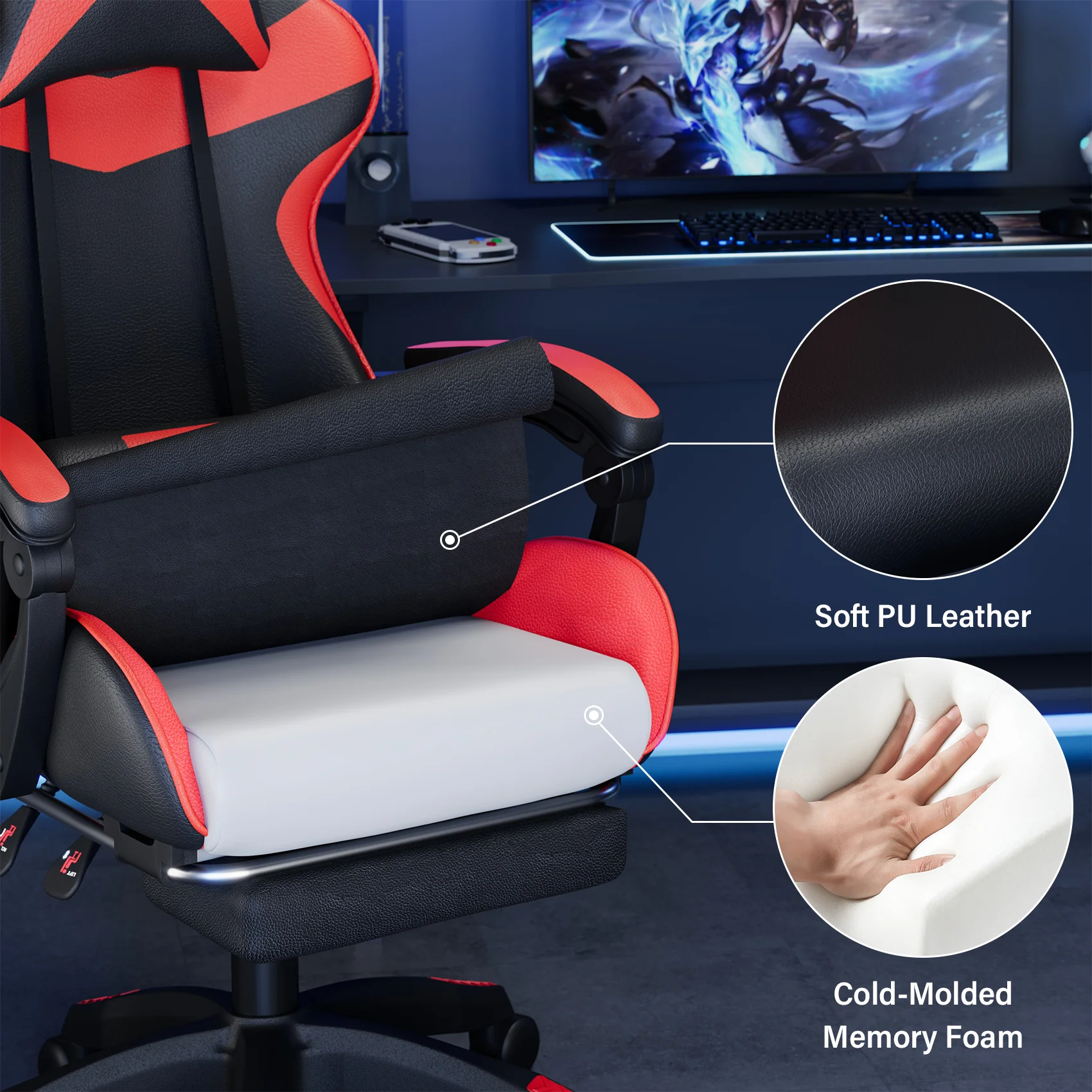 Mr IRONSTONE Office Gaming Chair with Footrest & Lumbar Support, Ergonomic Adjustable Computer Chair with Swivel Seat & Headrest, Blue