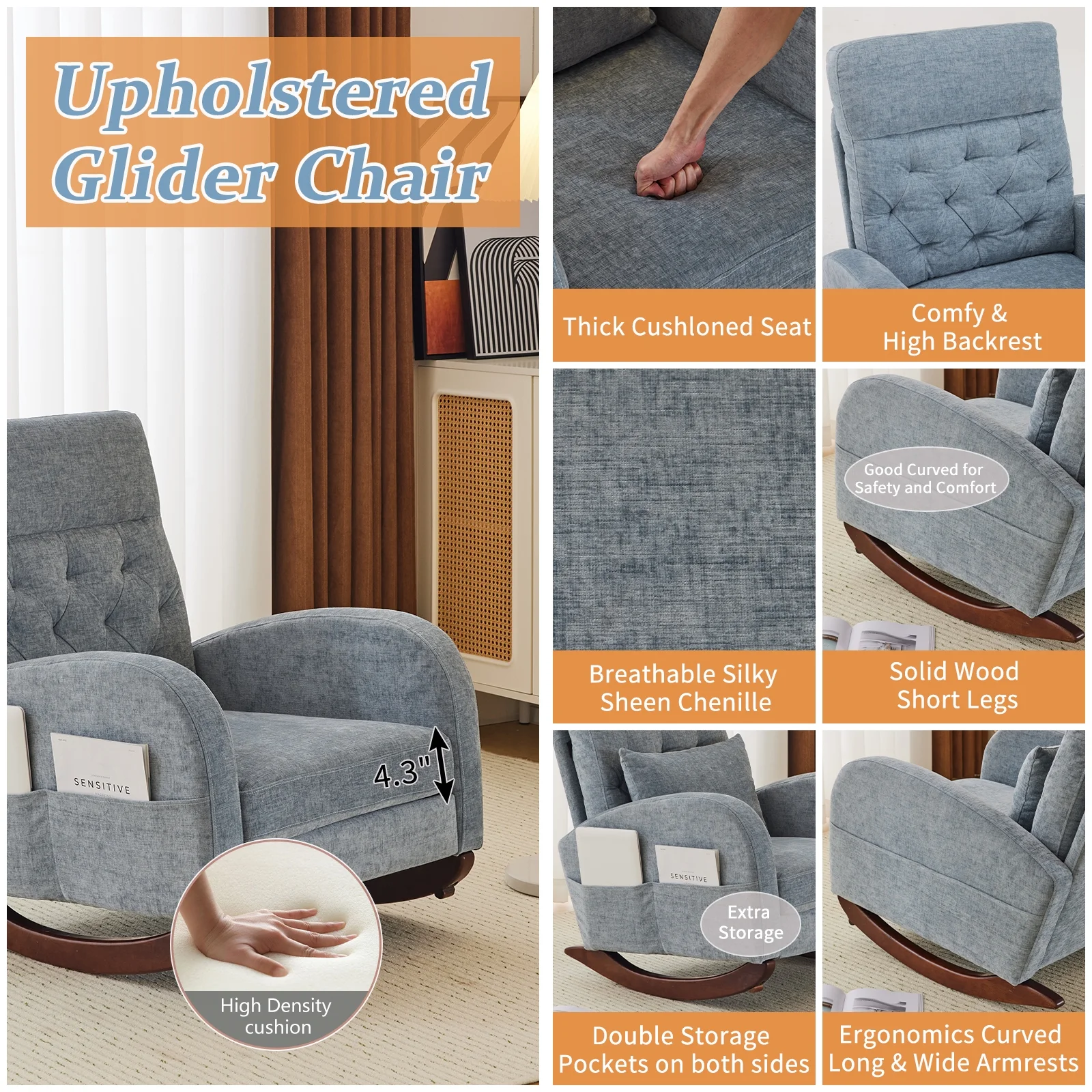 Ktaxon Rocking Accent Chair Glider Reading Chair Comfy Teddy Velvet Upholstered Single Sofa Rocker for Living Room, Nursery, Bedroom Beige